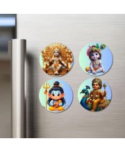 Krishna, Ganesha, Rama, and Shiva. Fridge Magnets 4 Piece Set | 3 Inch Round Wall Fridge Decor (F22816)