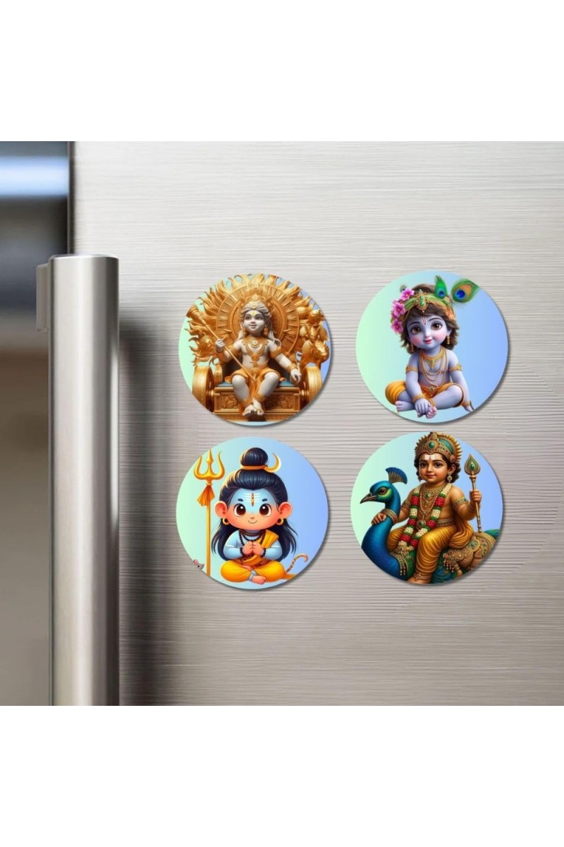 Krishna, Ganesha, Rama, and Shiva. Fridge Magnets 4 Piece Set | 3 Inch Round Wall Fridge Decor (F22816)