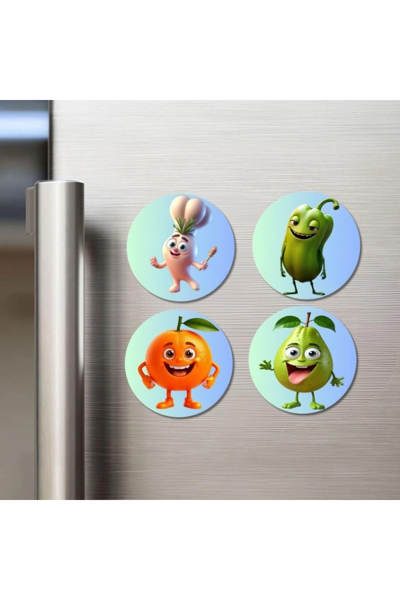Garlic, Bitter Gourd, Orange, Guava Fridge Magnets 4 Piece Set | 3 Inch Round Wall Fridge Decor (F23300)