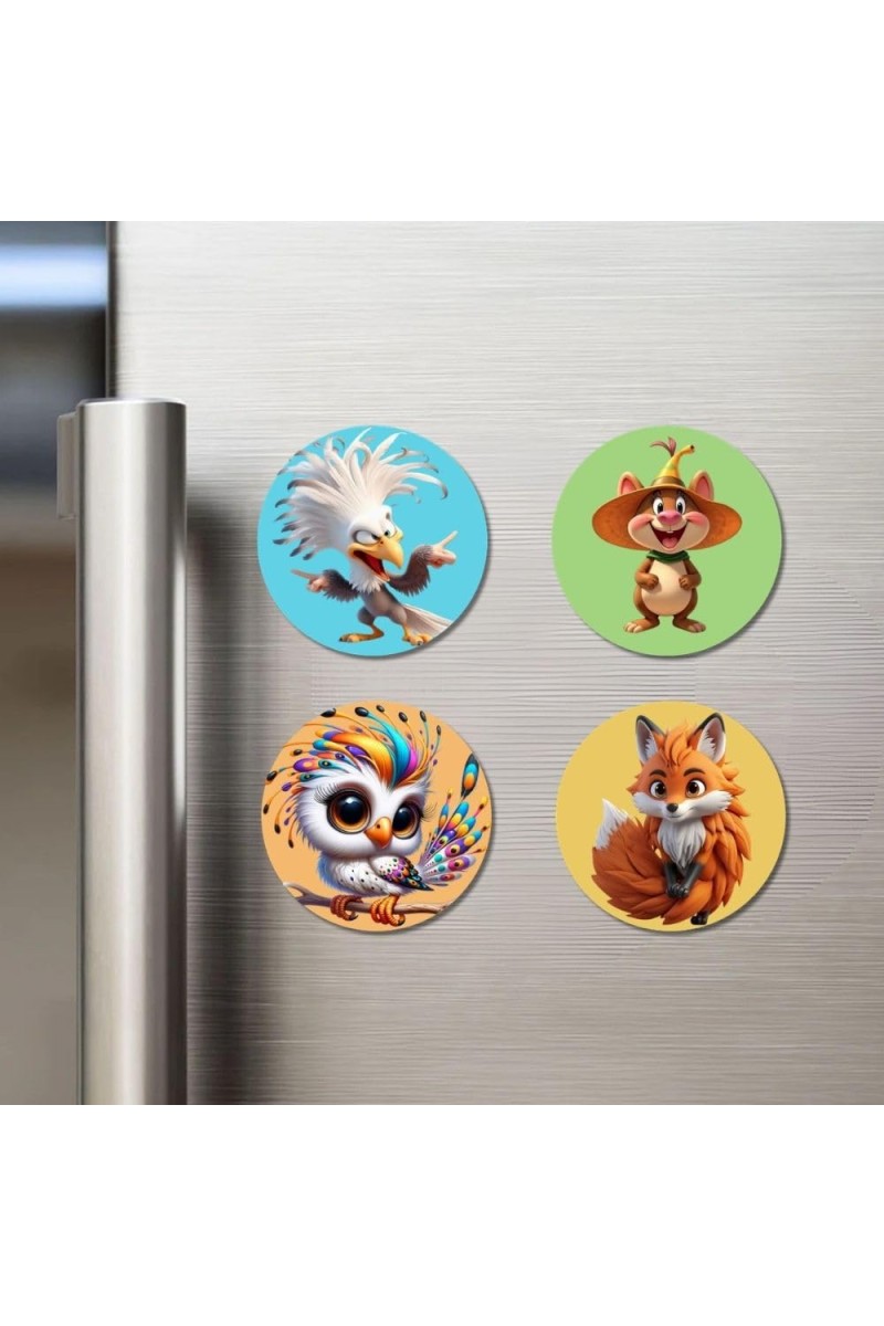 Eagle, Pig, Owl, and Fox Fridge Magnets 4 Piece Set | 3 Inch Round Wall Fridge Decor (F22899)