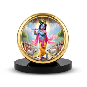 Car Desk/Table Top Lord Krishna Metal Golden Photo Stand 2x2 Inches, Compact & Stylish Spiritual Display for Car, Home & Office (Pack of 1) (F18819)