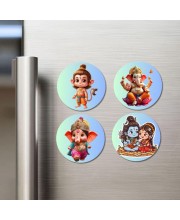 Hanuman, Ganesha, Shiva, and Parvati. Fridge Magnets 4 Piece Set | 3 Inch Round Wall Fridge Decor (F22828)