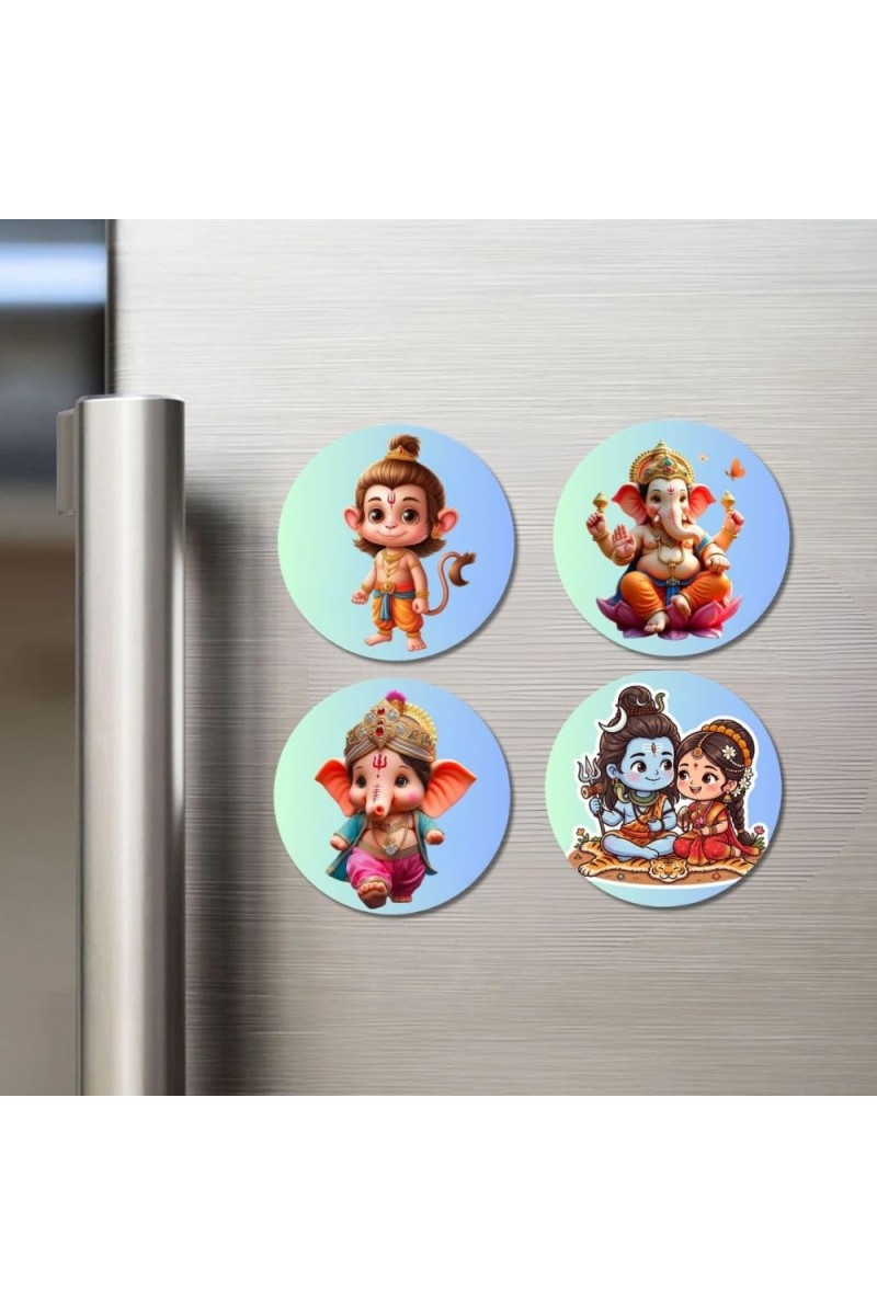 Hanuman, Ganesha, Shiva, and Parvati. Fridge Magnets 4 Piece Set | 3 Inch Round Wall Fridge Decor (F22828)