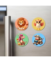 Lion, Owl, Monster, and Cow. Fridge Magnets 4 Piece Set | 3 Inch Round Wall Fridge Decor (F22978)