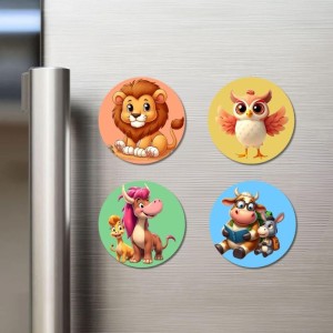 Lion, Owl, Monster, and Cow. Fridge Magnets 4 Piece Set | 3 Inch Round Wall Fridge Decor (F22978)