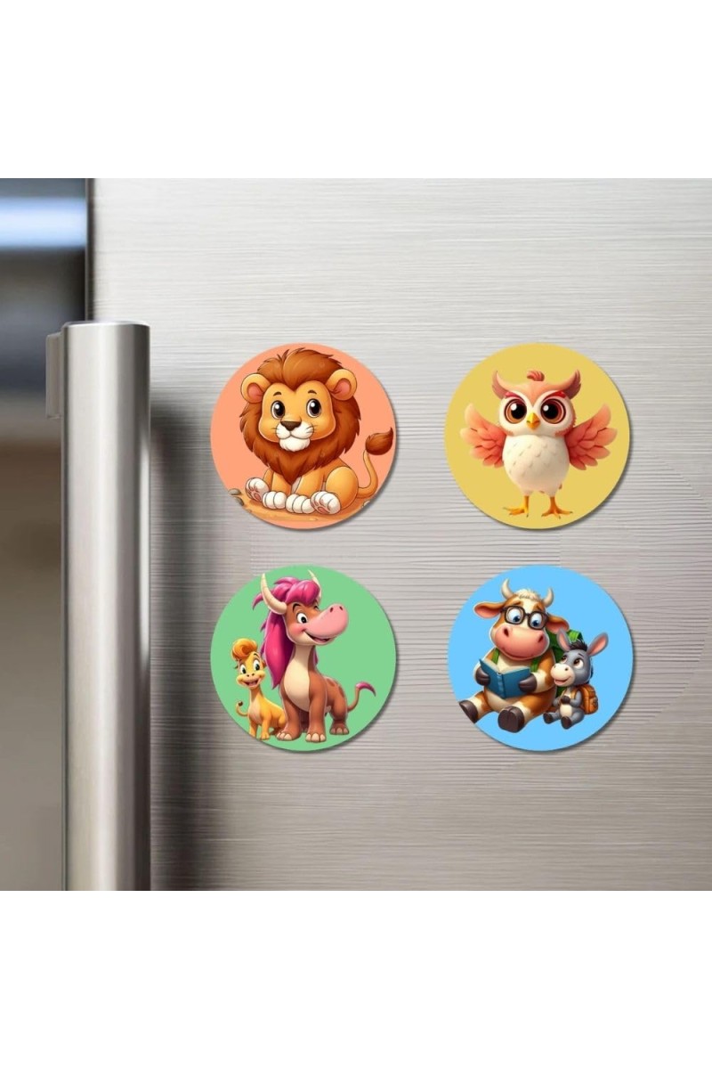 Lion, Owl, Monster, and Cow. Fridge Magnets 4 Piece Set | 3 Inch Round Wall Fridge Decor (F22978)
