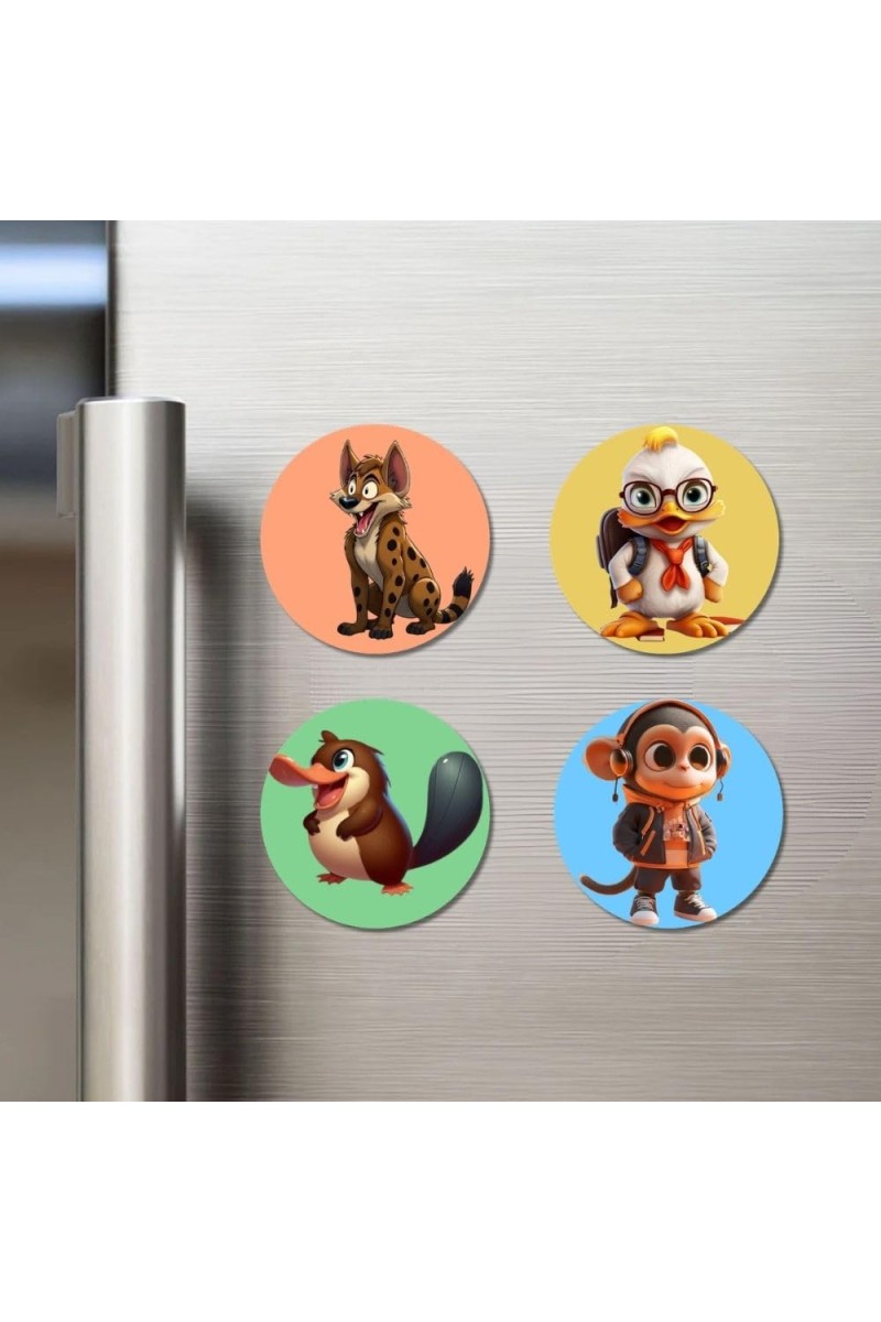 Duck, Bird, Hyena, and Squirrel. Fridge Magnets 4 Piece Set | 3 Inch Round Wall Fridge Decor (F23038)