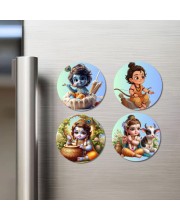 Krishna, Rama, and Hanuman. Fridge Magnets 4 Piece Set | 3 Inch Round Wall Fridge Decor (F22803)