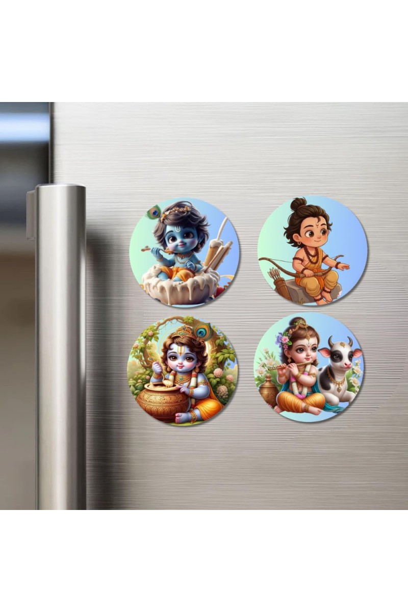 Krishna, Rama, and Hanuman. Fridge Magnets 4 Piece Set | 3 Inch Round Wall Fridge Decor (F22803)
