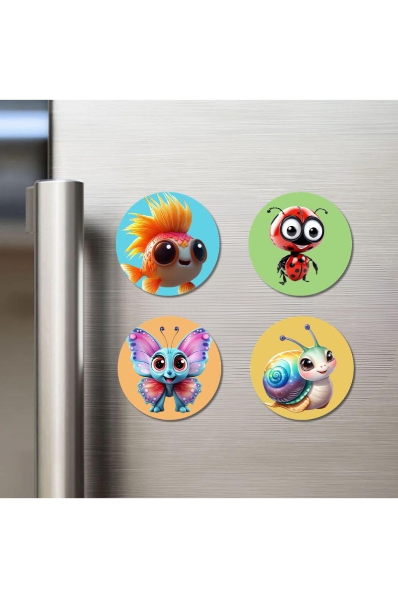 Goldfish, Ladybug, Butterfly, and Snail. Fridge Magnets 4 Piece Set | 3 Inch Round Wall Fridge Decor (F22949)