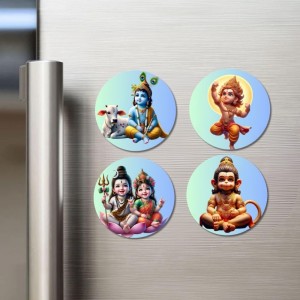 Krishna, Rama, Shiva, Parvati, and Hanuman. Fridge Magnets 4 Piece Set | 3 Inch Round Wall Fridge Decor (F22823)