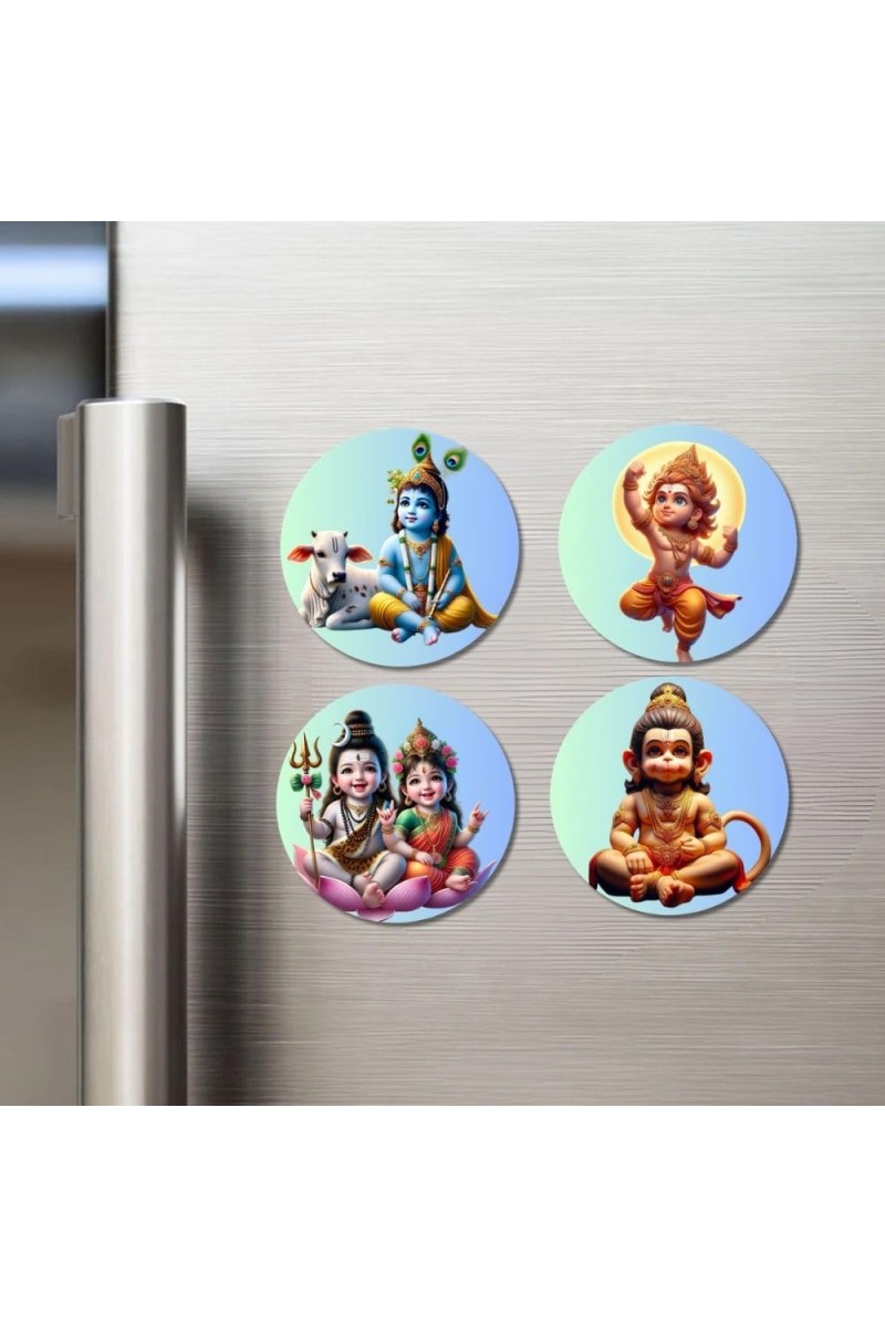 Krishna, Rama, Shiva, Parvati, and Hanuman. Fridge Magnets 4 Piece Set | 3 Inch Round Wall Fridge Decor (F22823)