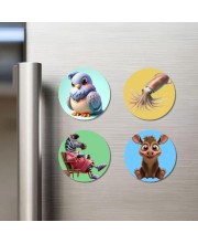 Pigeon, Squid, Zebra, and Donkey. Fridge Magnets 4 Piece Set | 3 Inch Round Wall Fridge Decor (F22980)