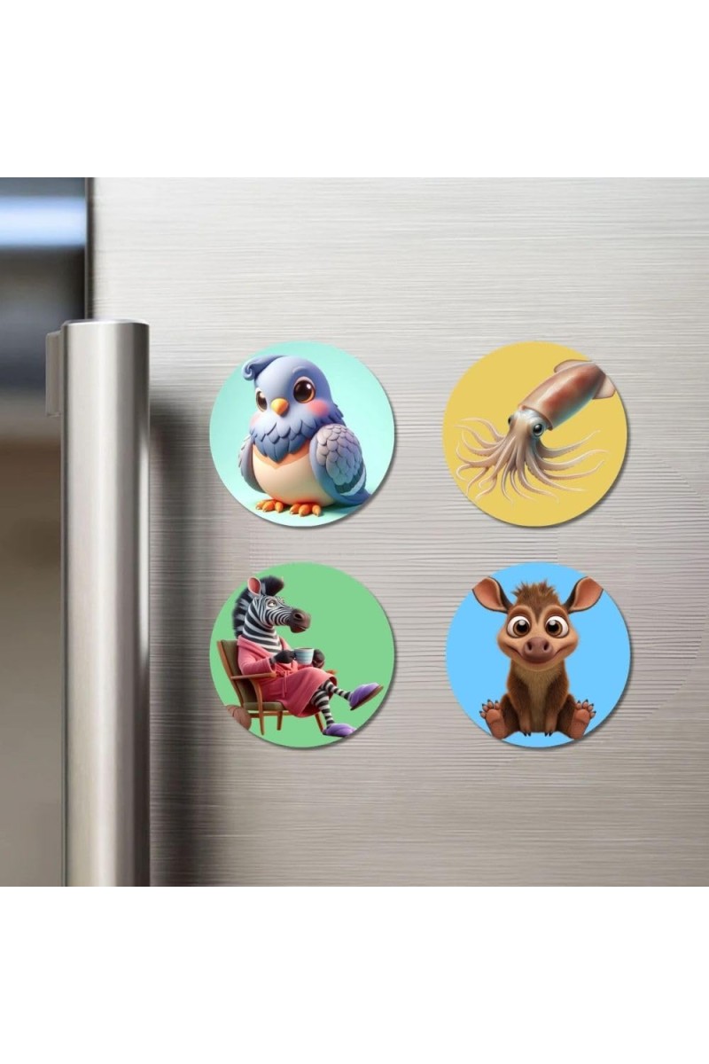 Pigeon, Squid, Zebra, and Donkey. Fridge Magnets 4 Piece Set | 3 Inch Round Wall Fridge Decor (F22980)