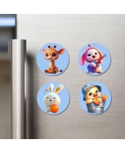 Giraffe, Bunny, Rabbit, and Chick. Fridge Magnets 4 Piece Set | 3 Inch Round Wall Fridge Decor (F23052)