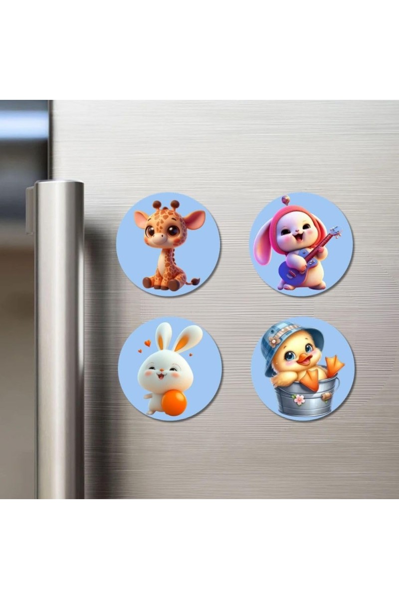 Giraffe, Bunny, Rabbit, and Chick. Fridge Magnets 4 Piece Set | 3 Inch Round Wall Fridge Decor (F23052)