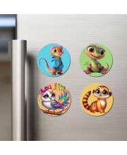 Lizard, Iguana, Bird, and Meerkat Fridge Magnets 4 Piece Set | 3 Inch Round Wall Fridge Decor (F22897)