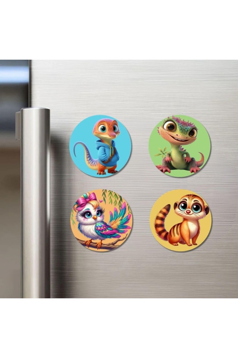 Lizard, Iguana, Bird, and Meerkat Fridge Magnets 4 Piece Set | 3 Inch Round Wall Fridge Decor (F22897)