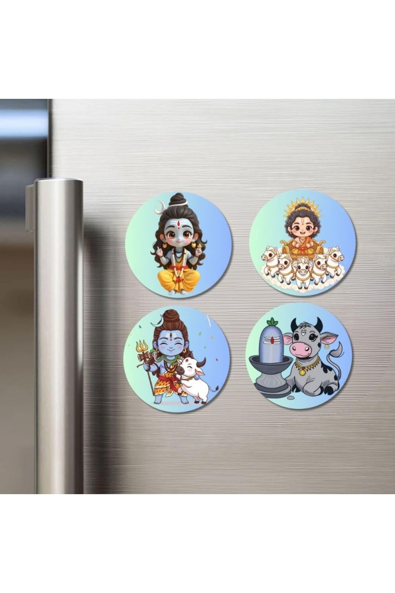 Shiva, Surya, and Nandi. Fridge Magnets 4 Piece Set | 3 Inch Round Wall Fridge Decor (F22843)