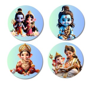 Radha Krishna, Shiva, Ganesha, Shiv Parvati with Ganesha Fridge Magnets 4 Piece Set | 3 Inch Round Wall Fridge Decor (F23224)
