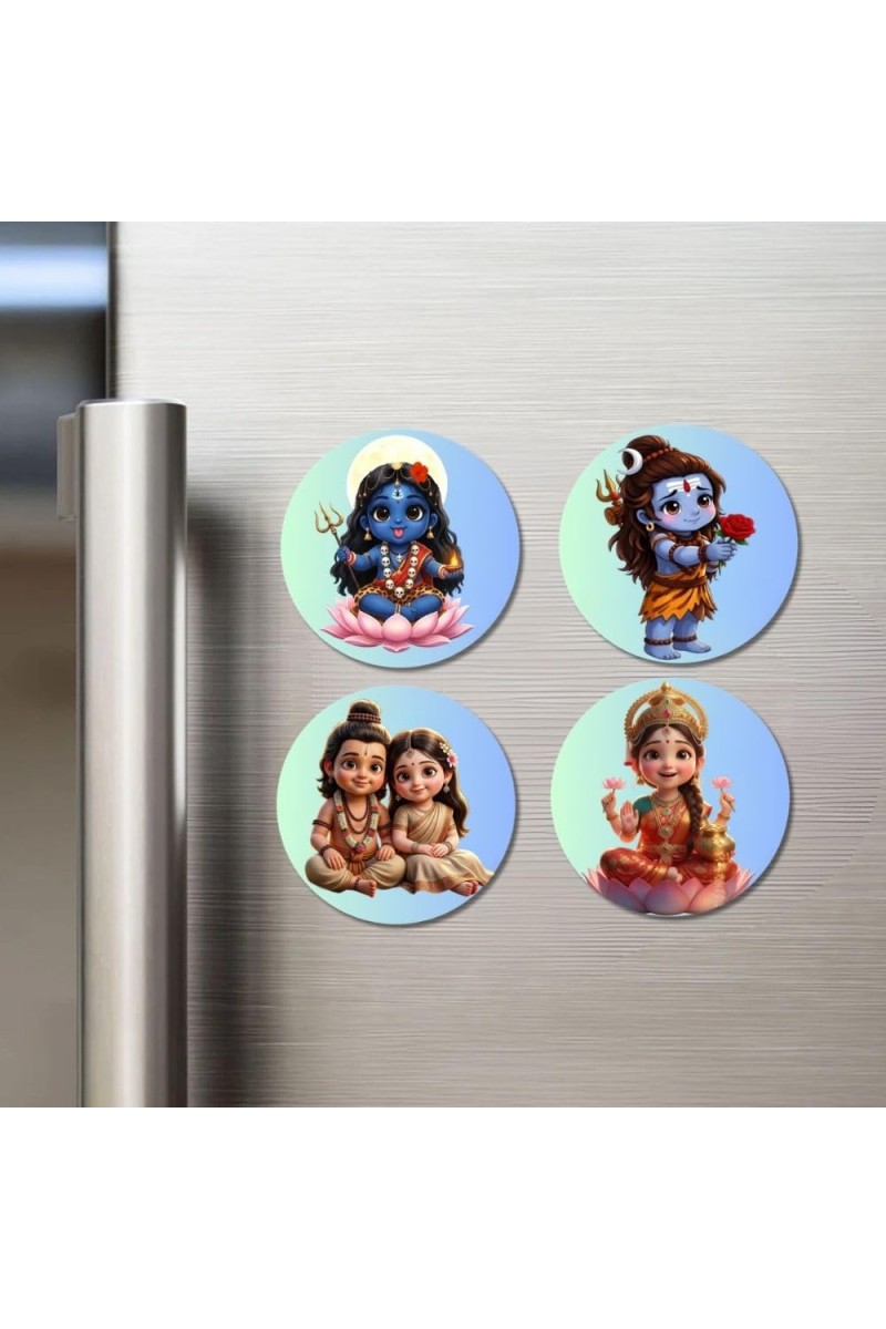 Kali-Mahadev-SankarParvti- Fridge Magnets 4 Piece Set | 3 Inch Round Wall Fridge Decor (F23192)