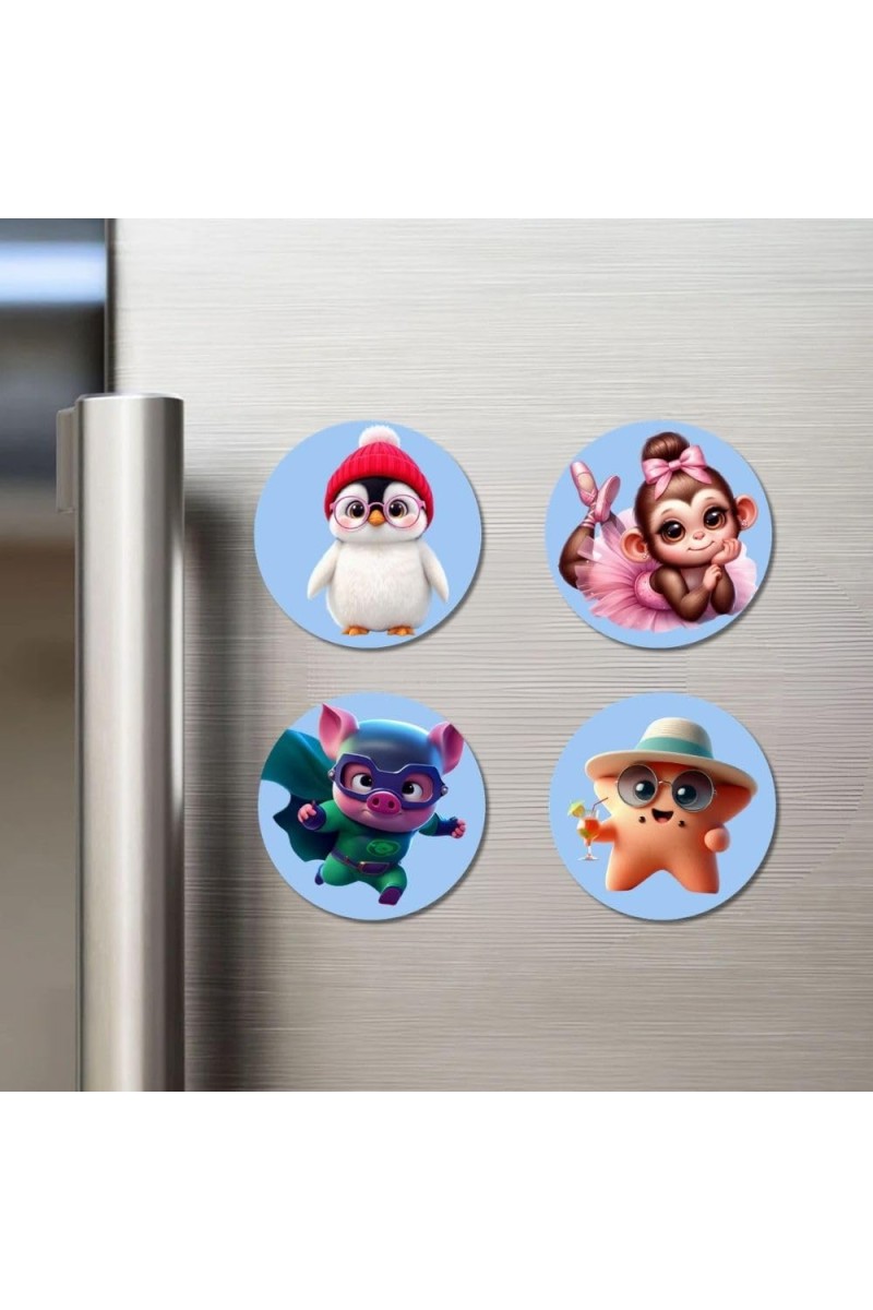 Penguin, Monkey, Pig, and Starfish. Fridge Magnets 4 Piece Set | 3 Inch Round Wall Fridge Decor (F23138)