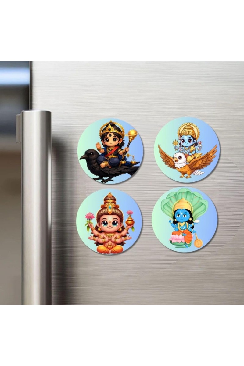 Shani, Vishnu, Lakshmi, and Krishna. Fridge Magnets 4 Piece Set | 3 Inch Round Wall Fridge Decor (F22842)