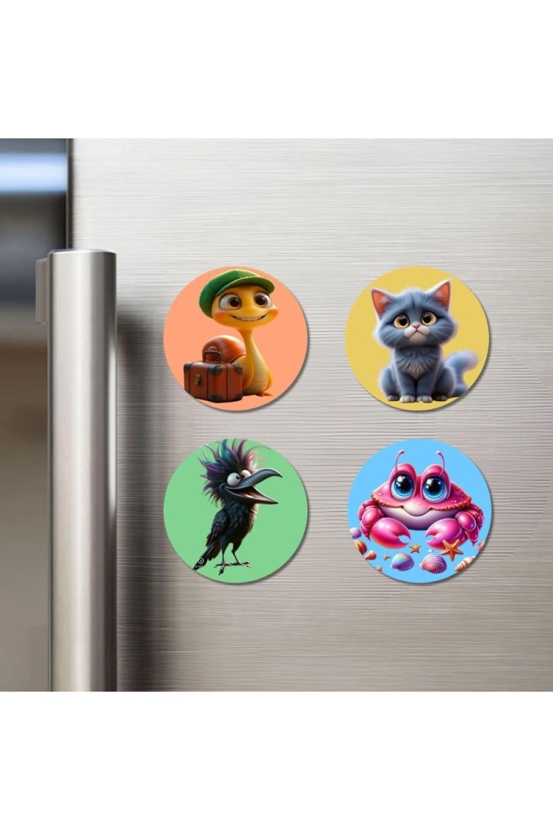 Snake, Cat, Crow, and Crab. Fridge Magnets 4 Piece Set | 3 Inch Round Wall Fridge Decor (F23004)