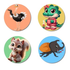Ostrich, Crocodile, Squirrel, and Beetle. Fridge Magnets 4 Piece Set | 3 Inch Round Wall Fridge Decor (F23043)
