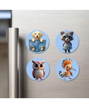 Dog, Raccoon, Owl, and Hoopoe. Fridge Magnets 4 Piece Set | 3 Inch Round Wall Fridge Decor (F23092)
