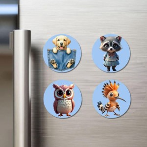 Dog, Raccoon, Owl, and Hoopoe. Fridge Magnets 4 Piece Set | 3 Inch Round Wall Fridge Decor (F23092) Dog, Raccoon, Owl, and Hoopoe. Fridge Magnets 4 Piece Set | 3 Inch Round Wall Fridge Decor (F23092)