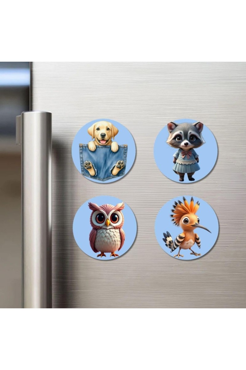 Dog, Raccoon, Owl, and Hoopoe. Fridge Magnets 4 Piece Set | 3 Inch Round Wall Fridge Decor (F23092)