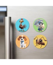 Rooster, Rabbit, Dog, and Ant. Fridge Magnets 4 Piece Set | 3 Inch Round Wall Fridge Decor (F22875)