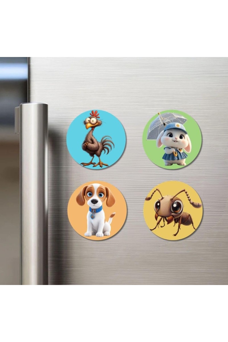 Rooster, Rabbit, Dog, and Ant. Fridge Magnets 4 Piece Set | 3 Inch Round Wall Fridge Decor (F22875)