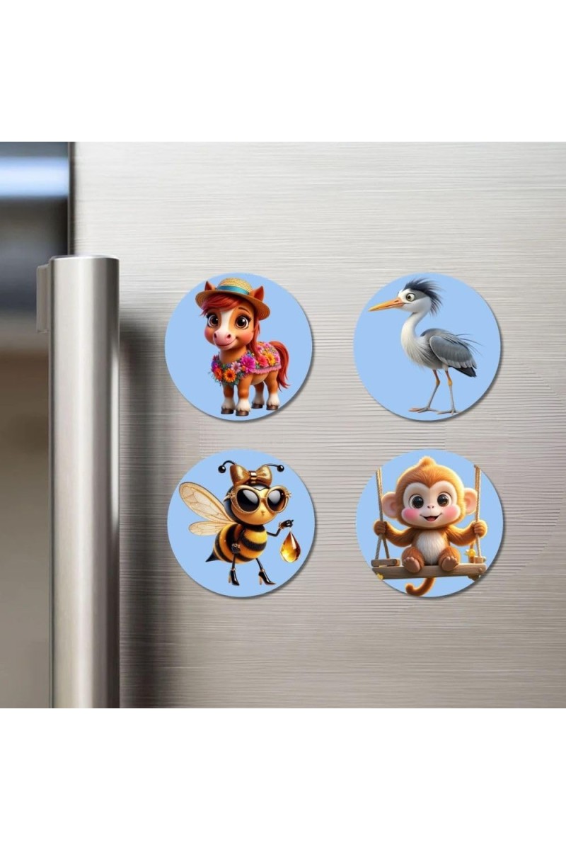 Bee, Pig, Panda, and Koala. Fridge Magnets 4 Piece Set | 3 Inch Round Wall Fridge Decor (F23091)