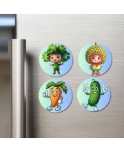 Kale, Durian, Carrot, Cucumber Fridge Magnets 4 Piece Set | 3 Inch Round Wall Fridge Decor (F23288)