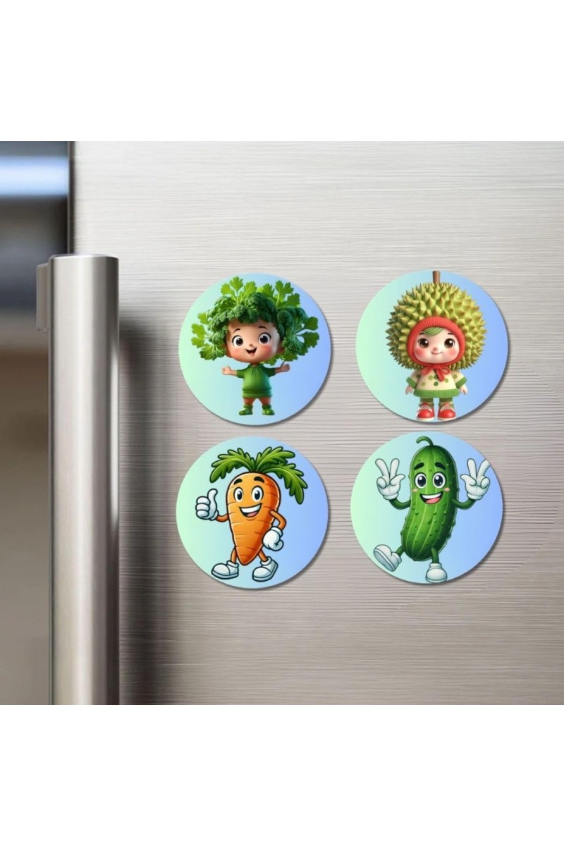 Kale, Durian, Carrot, Cucumber Fridge Magnets 4 Piece Set | 3 Inch Round Wall Fridge Decor (F23288)