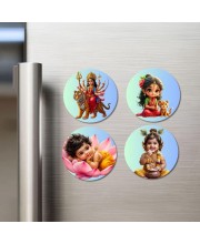 Durga, Parvati, Lakshmi, Krishna Fridge Magnets 4 Piece Set | 3 Inch Round Wall Fridge Decor (F23252)