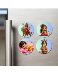 Durga, Parvati, Lakshmi, Krishna Fridge Magnets 4 Piece Set | 3 Inch Round Wall Fridge Decor (F23252)