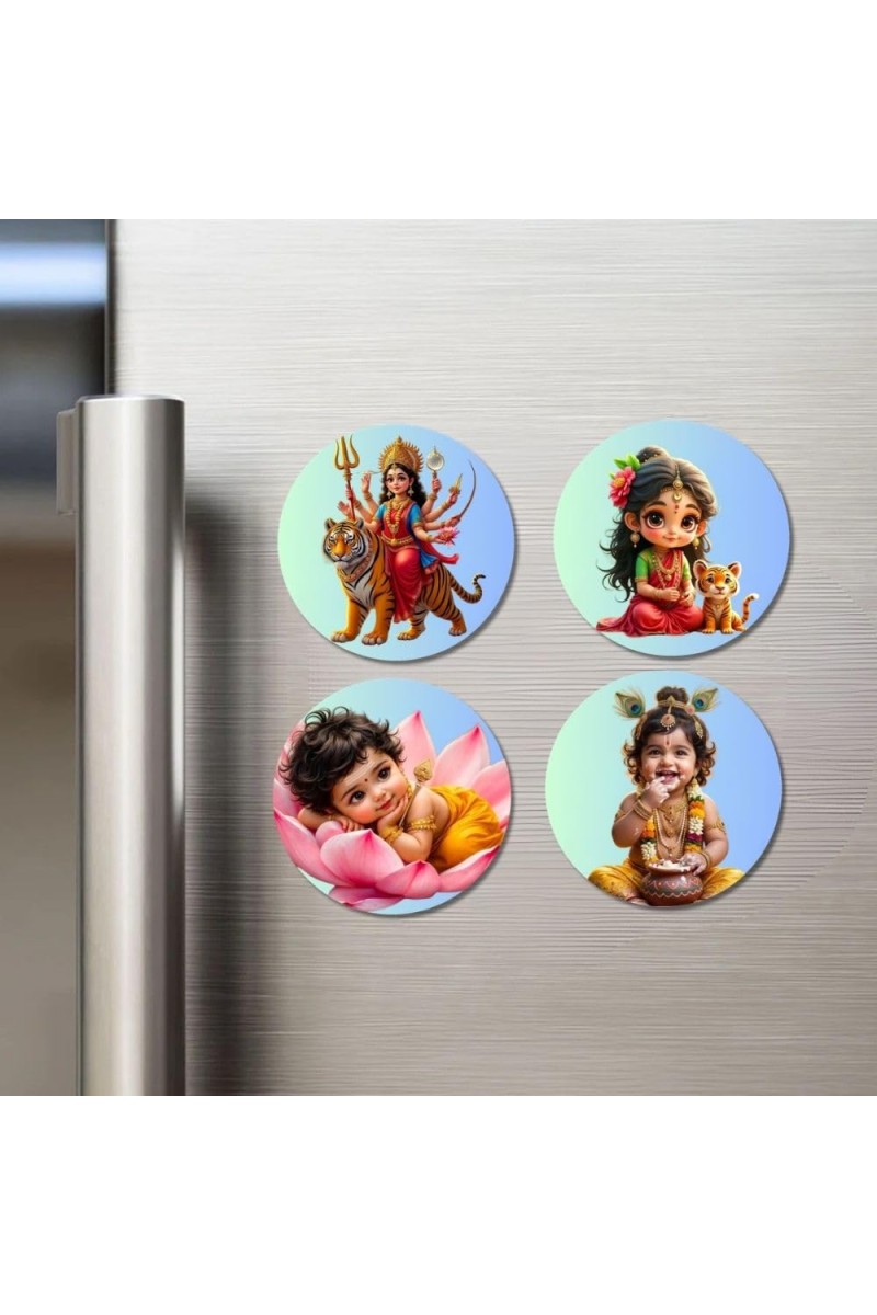 Durga, Parvati, Lakshmi, Krishna Fridge Magnets 4 Piece Set | 3 Inch Round Wall Fridge Decor (F23252)