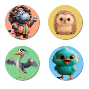 Hippo, Hedgehog, Heron, and Chick. Fridge Magnets 4 Piece Set | 3 Inch Round Wall Fridge Decor (F23048)
