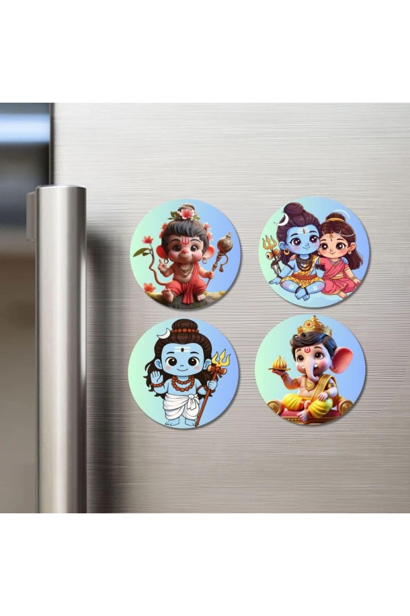Hanuman, Rama, Sita, Shiva, and Ganesha. Fridge Magnets 4 Piece Set | 3 Inch Round Wall Fridge Decor (F22827)