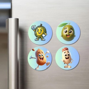 Durian, Olive, Almond, Peanut Fridge Magnets 4 Piece Set | 3 Inch Round Wall Fridge Decor (F23318)