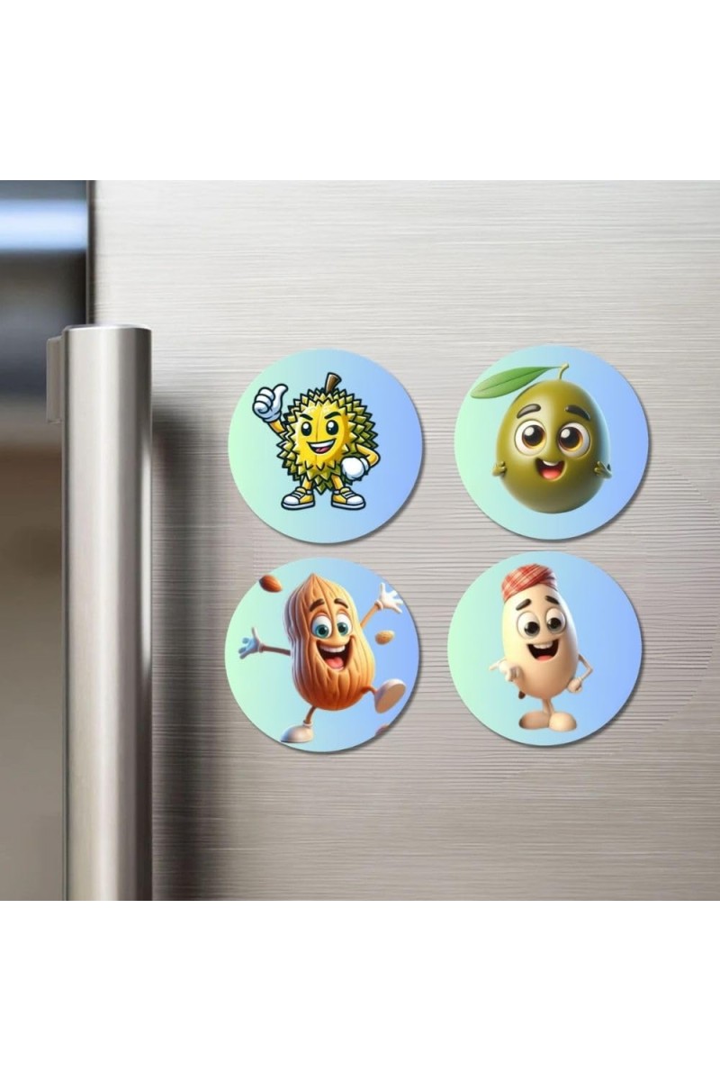Durian, Olive, Almond, Peanut Fridge Magnets 4 Piece Set | 3 Inch Round Wall Fridge Decor (F23318)