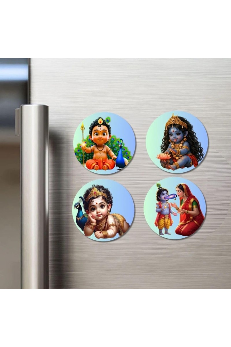 Krishna & Yashoda Fridge Magnets 4 Piece Set | 3 Inch Round Wall Fridge Decor (F23253)