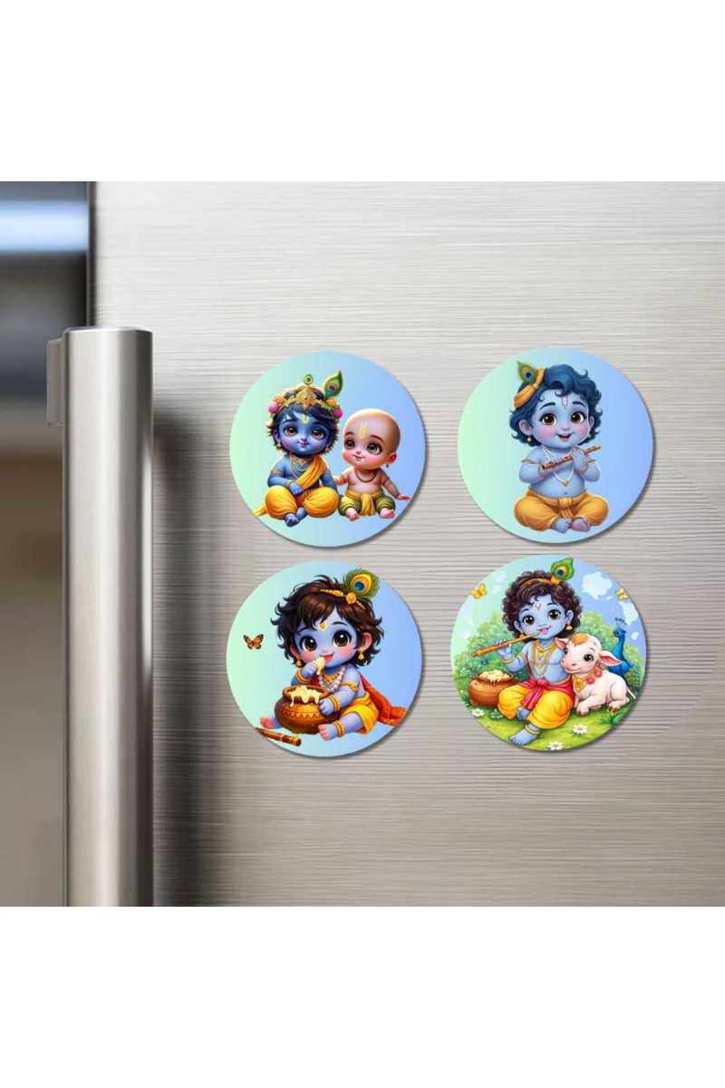 Krishna Fridge Magnets 4 Piece Set | 3 Inch Round Wall Fridge Decor (F22787)