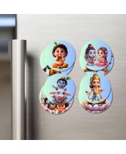 Brahma, Krishna & Radha, Hanuman Fridge Magnets 4 Piece Set | 3 Inch Round Wall Fridge Decor (F23212)