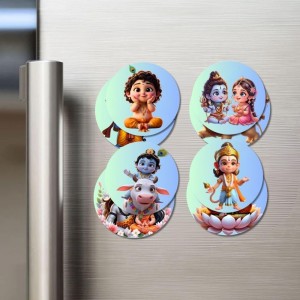 Brahma, Krishna & Radha, Hanuman Fridge Magnets 4 Piece Set | 3 Inch Round Wall Fridge Decor (F23212)