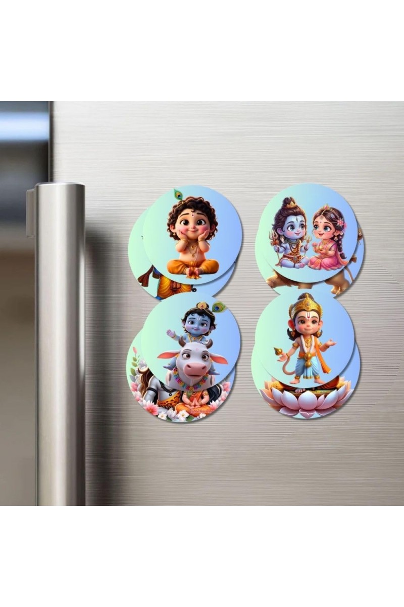 Brahma, Krishna & Radha, Hanuman Fridge Magnets 4 Piece Set | 3 Inch Round Wall Fridge Decor (F23212)