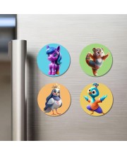 Pony, Bear, Sparrow, and Peacock Fridge Magnets 4 Piece Set | 3 Inch Round Wall Fridge Decor (F22906)